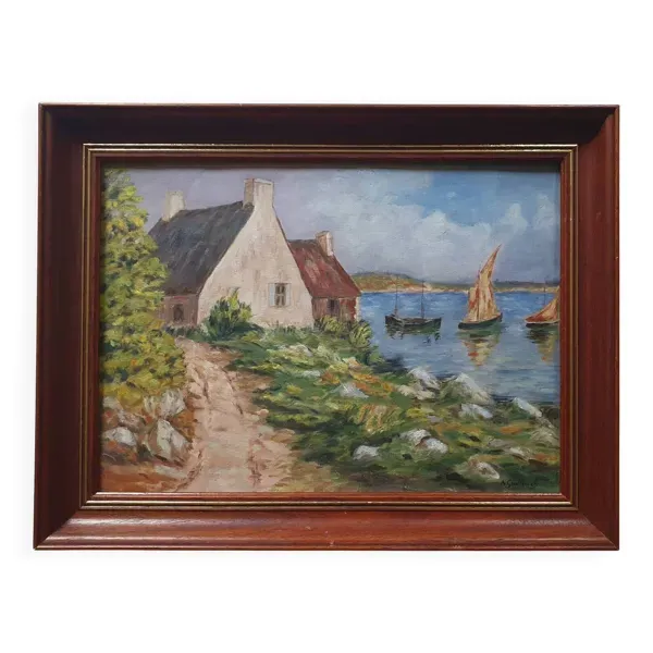 Tableau ancien Bord de mer en Bretagne signé A Guillemet