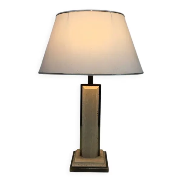 Lampe de Table en Travertin et Chrome Doré, Travail Français, vers 1970