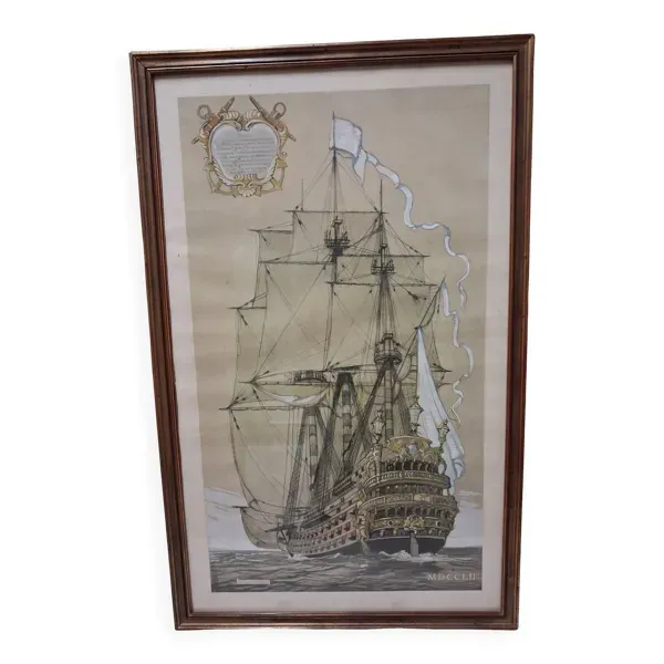 Dessin vaisseau du XVIIIe, impression réhaussée de gouache , Durand-Chapron
