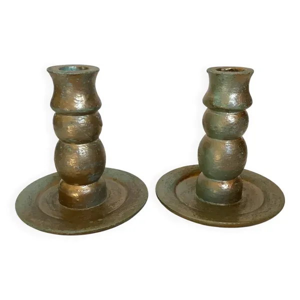 Duo de bougeoirs en bois vert doré