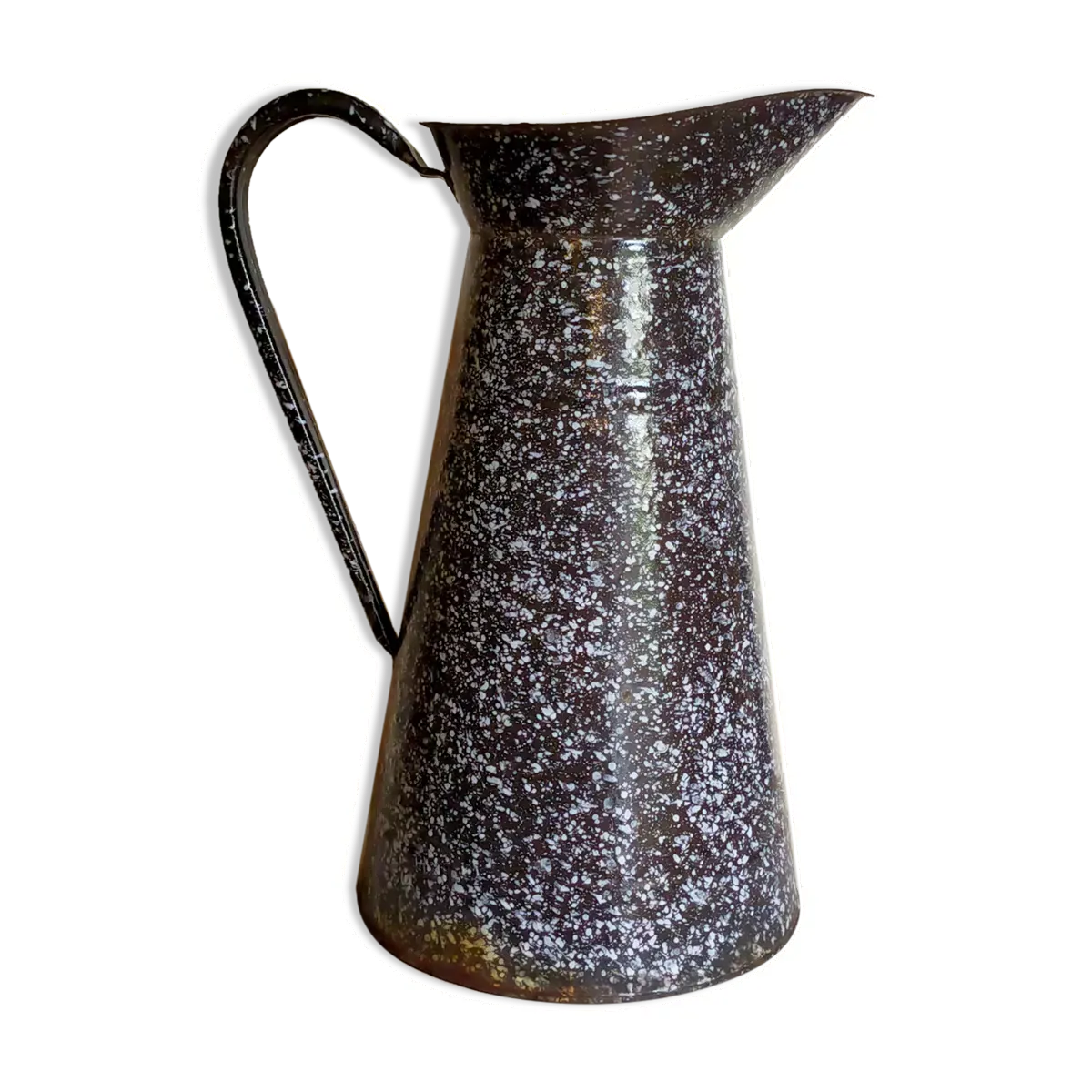 Broc ancien tôle émaillée mouchetée XIXème