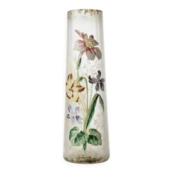 Vase cylindrique Art Nouveau à décor émaillé de violettes
