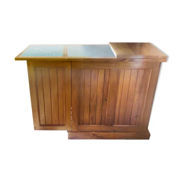 Meuble bar comptoir teck et marbre vert