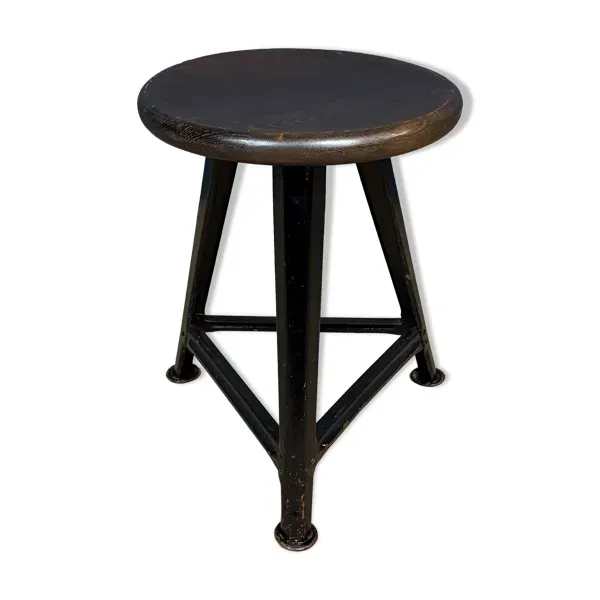 Tabouret Rowac noir non marqué avec assise en bois foncé