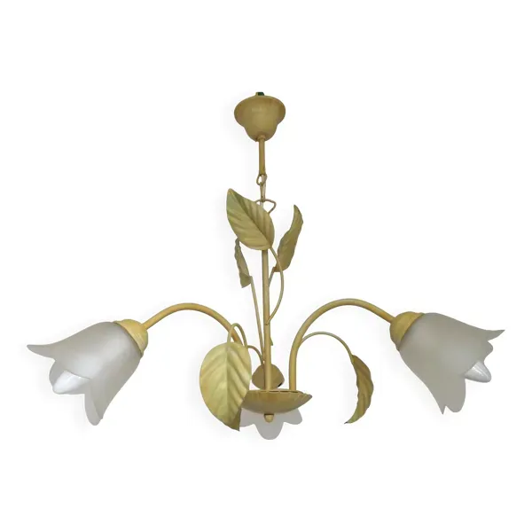 Lustre vintage français à 3 lumières en métal vert feuille avec abat-jours en verre 5516