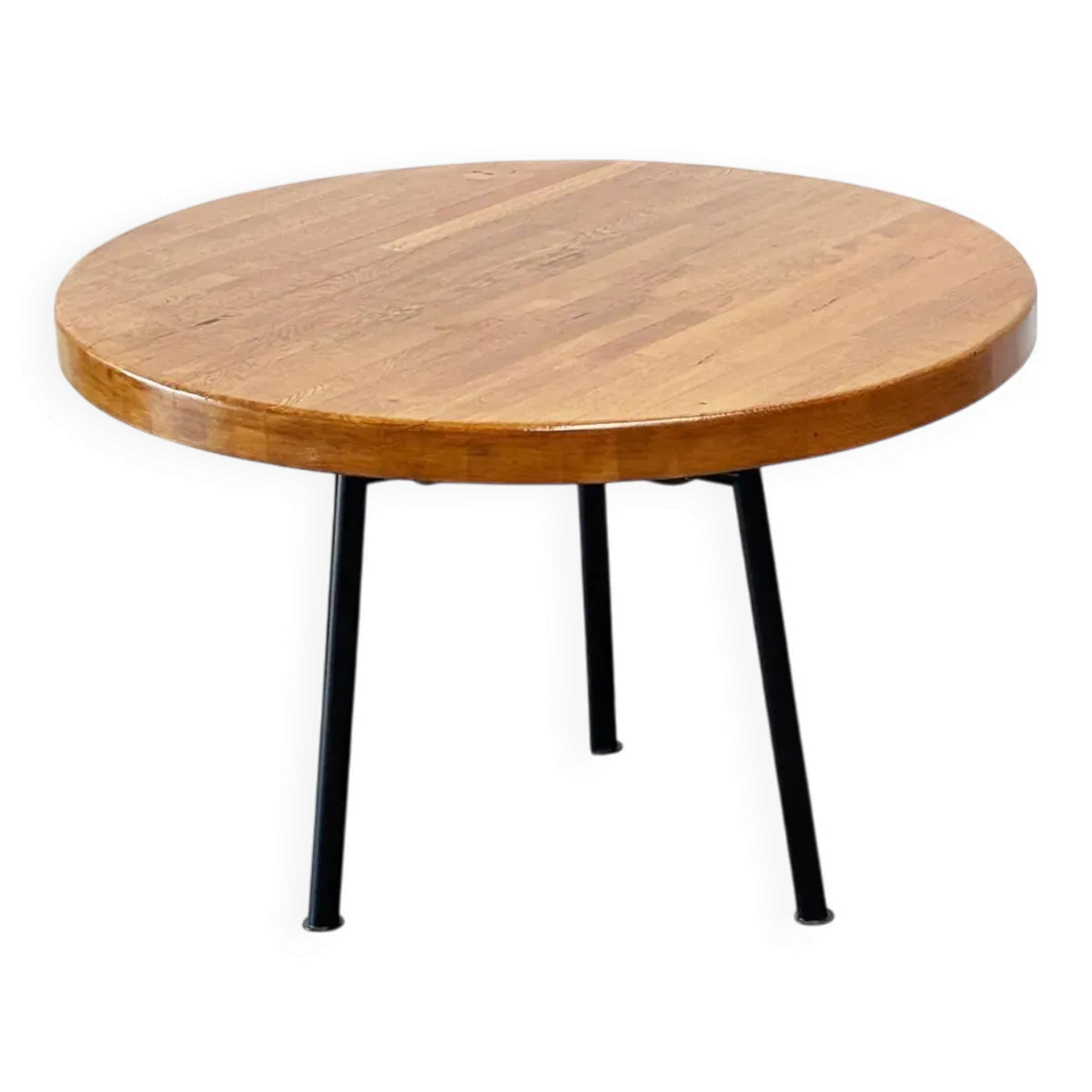 Table à manger ronde industrielle française avec plateau en chêne