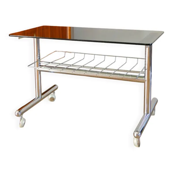 Table d'appoint range vinyles à roulettes en chrome et verre fumé, design, 1970