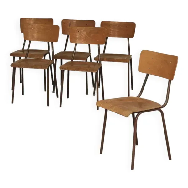Lot de 6 chaises d'école tchèque métal et bois Kovona style bistrot