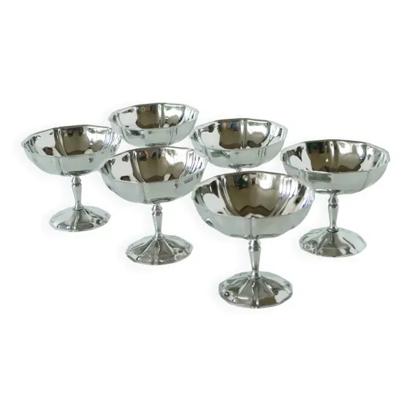 Lot de 6 coupes à glace en inox hautes, pieds fins travaillés, Design, 1970