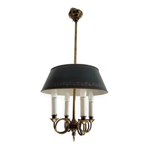 Lustre bouillotte 4 feux en laiton doré et abat-jour en métal vert