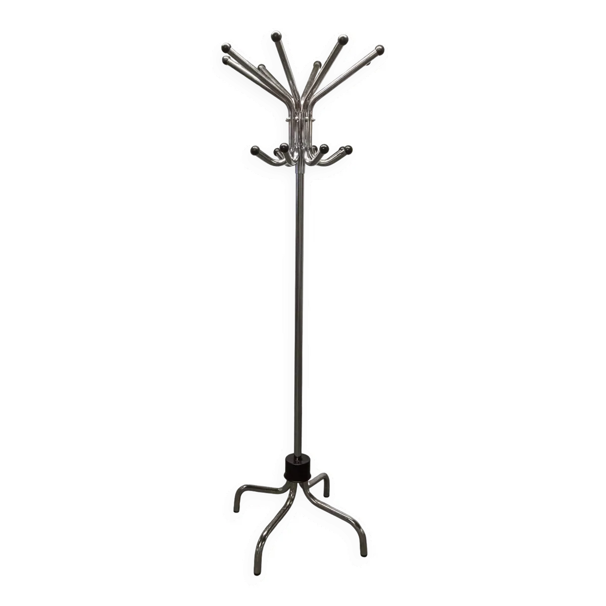 Porte manteau perroquet 16 patères industriel en métal chromé et base + boules noires 1960