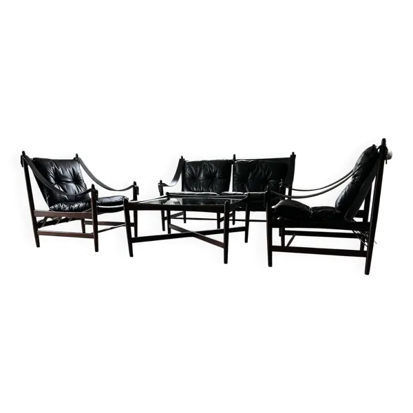 Rare salon safari norvégien en cuir-bois teinté palissandre, 1965