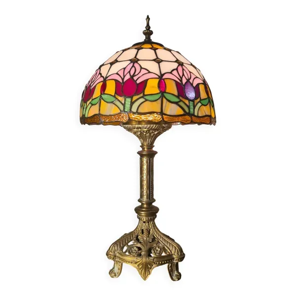Lampe Art nouveau ancienne en bronze et abat-jour en vitrail style Tiffany, restaurée