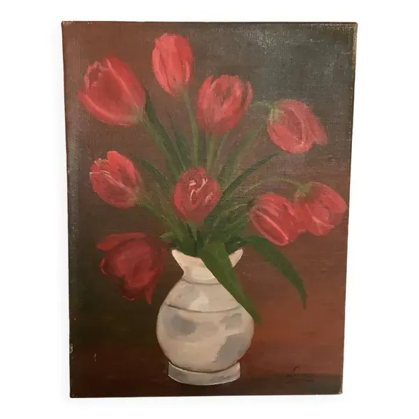Tableau bouquet de tulipes, huile sur toile signée