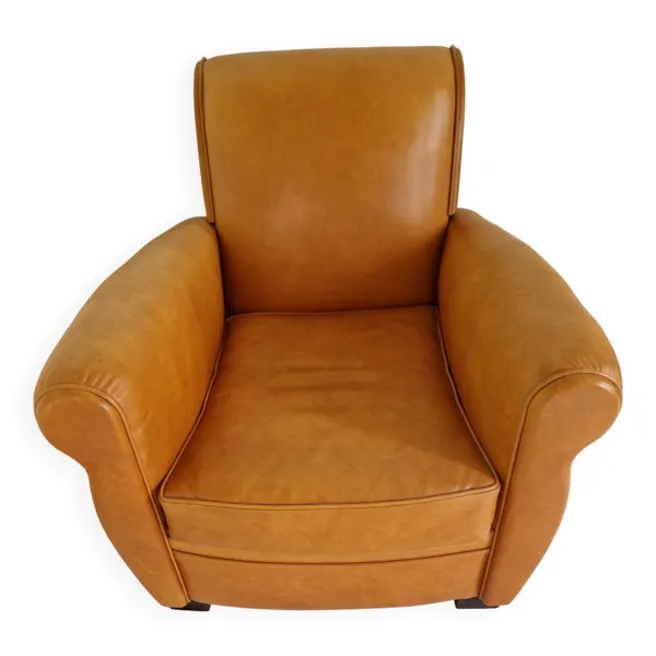 Fauteuil club vintage en cuir cognac – patine naturelle – style années 70