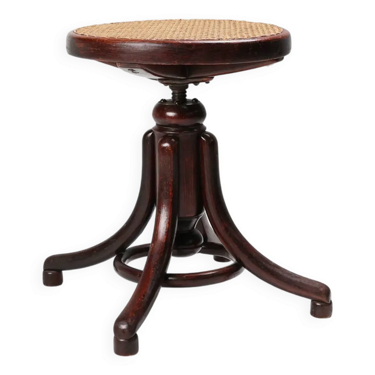 Tabouret de piano Thonet en bois de hêtre courbé avec assise en rotin, Autriche vers 1900