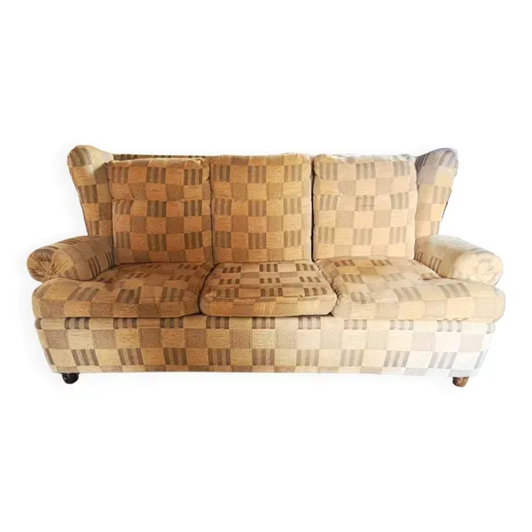 Canapé 3 places style club  1940 en tissu velours à carreaux