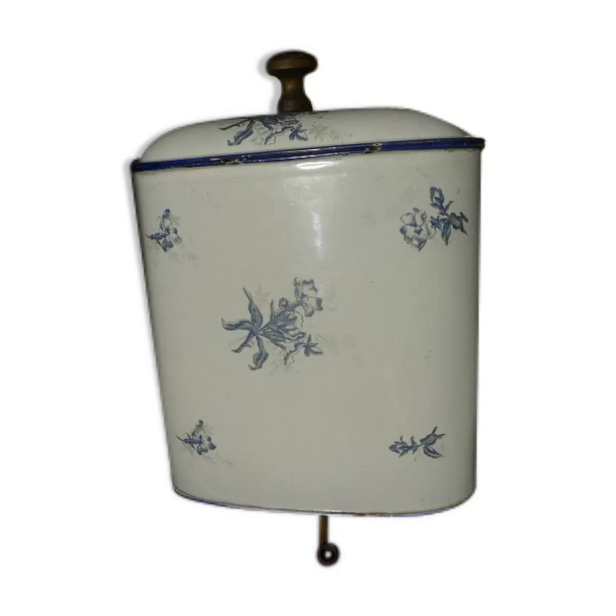 Fontaine murale en tôle émaillée décor de fleurs bleues sur fond blanc