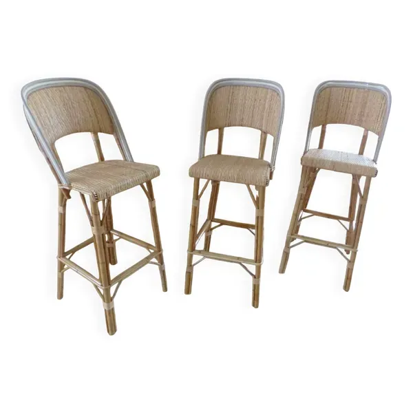 Lot 3 chaises hautes de bistrot Maison Louis Drucker rotin clair de Manille