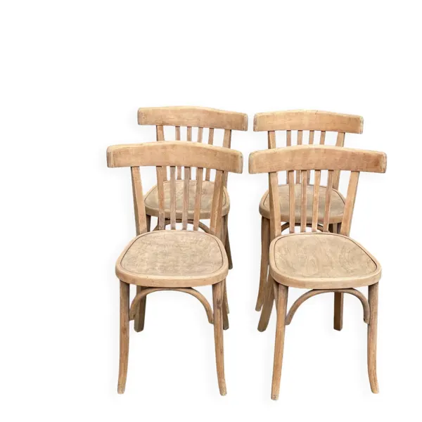 4 chaises de bistrot décapées en bois courbé signé Fischel 1920
