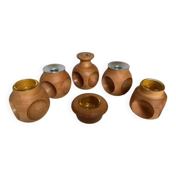 6 bougeoirs et vase en bois Nopjes houtdraaiwerk fait main