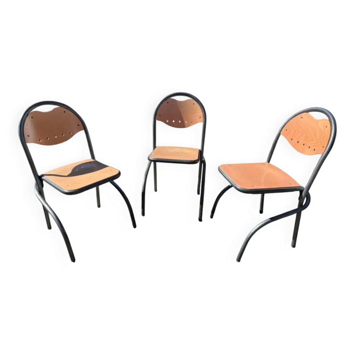 Lot de 3 chaises vintage en métal et bois – Design industriel