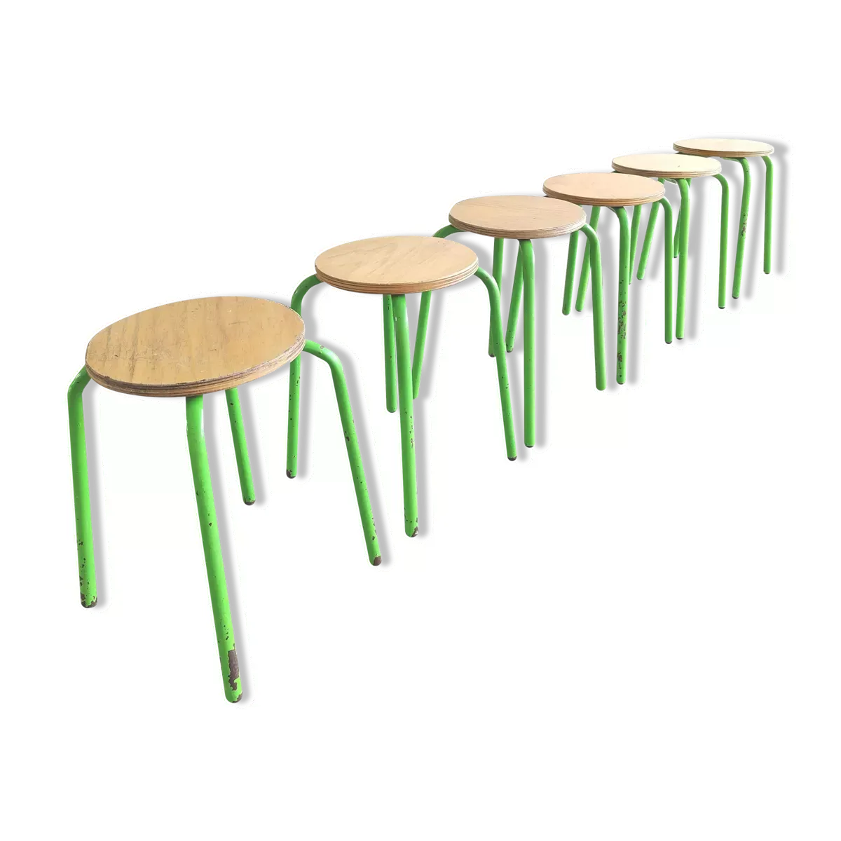 Lot de 6 tabourets vintage métal vert et bois