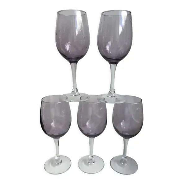 Lot de 5 verres à vin en verre bullé violet années 70