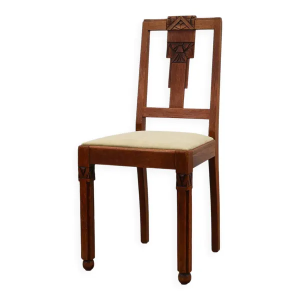Chaise latérale en chêne de style École d'Amsterdam avec des sculptures géométriques, Les Pays-Bas