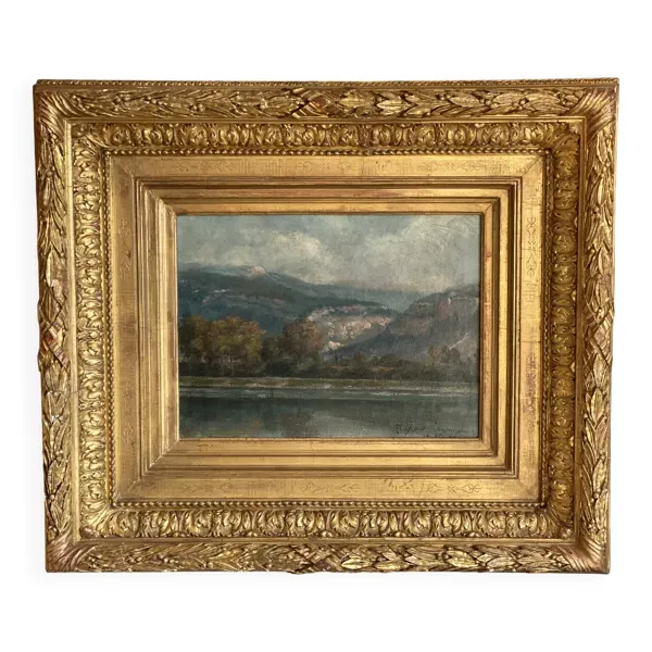 Tableau de J.Girard-Condamin, école lyonnaise, ''Les berges du Rhône et les montagnes du Bugey