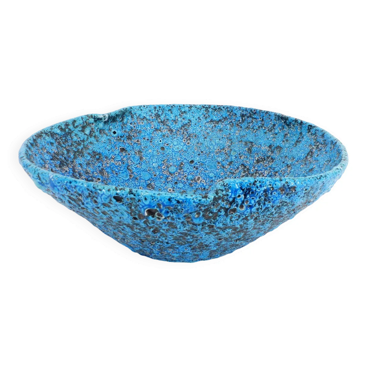 Coupe à fruit en céramique émaux écume de mer bleu turquoise 1950