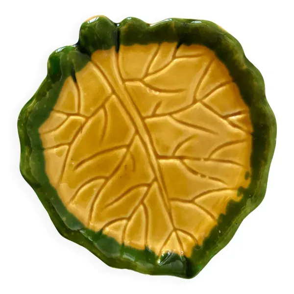 Vide-poche feuille en barbotine jaune et vert années 60-70