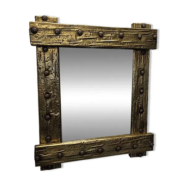 Miroir brutaliste français avec cadre en laiton, années 1950-60