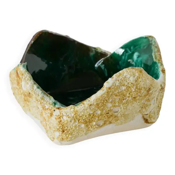 Vide-poche en Fat Lava, encolure fleur, jaune et vert, 1970 - 15 x 7 cm