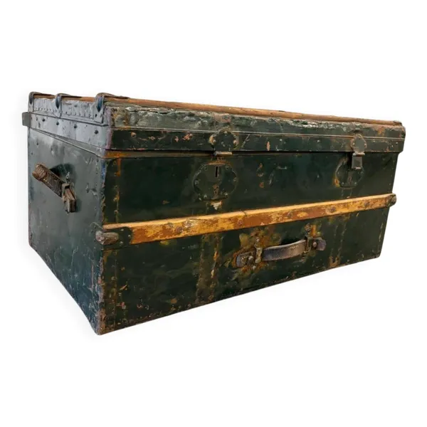 Coffre industriel vintage XL vert en métal / malle de voyage