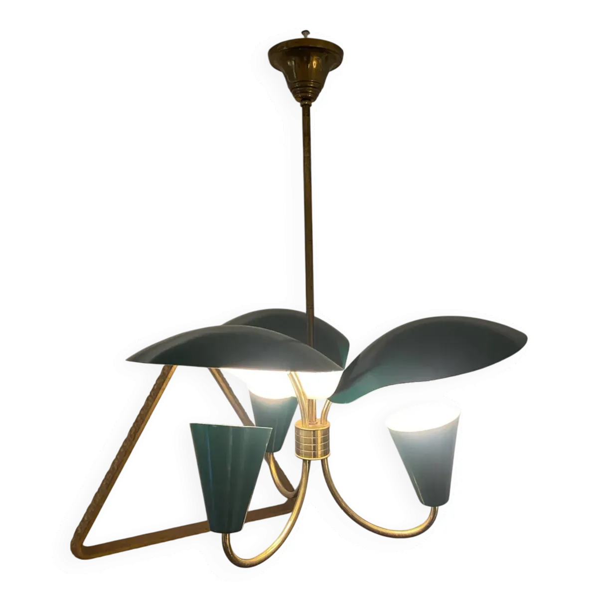 Lustre 3 feux vintage en laiton doré et métal des années 50