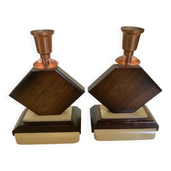 Paire de bougeoirs géométriques en bois année 50