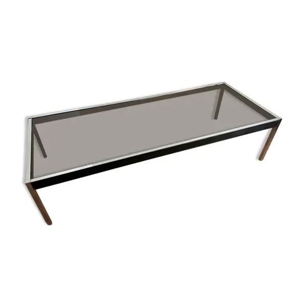 Grande table basse design années 70 chrome, verre fumé et skaï