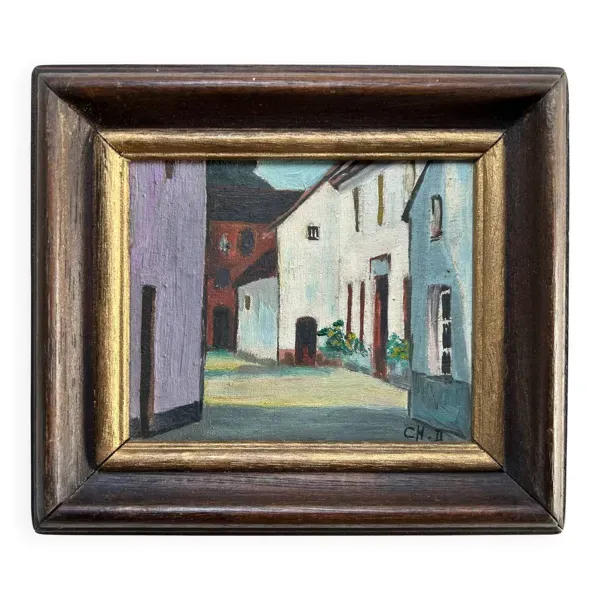 La Ferme, École Belge XXe, huile sur toile, Ch.D