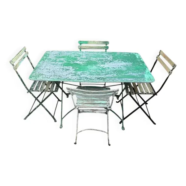 Table et chaises bistrots guinguettes pliantes patine d’origine 1930