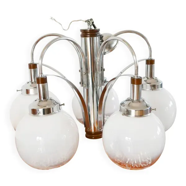 Lustre Gaetano Sciolari, 5 feux, en verre de Murano, Opaline et Ambré, 1970