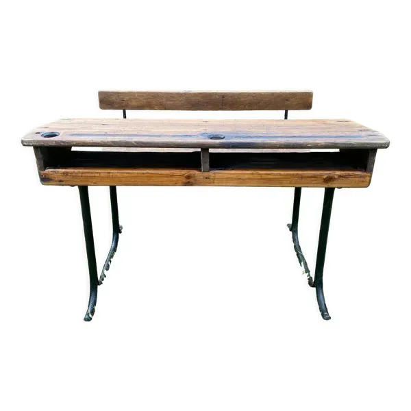 Bureau d’écolier ancien en bois et fonte