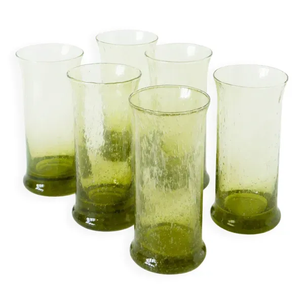 Ensemble de 6 verres en verre bullé de Biot Long Drink, vert, 1960
