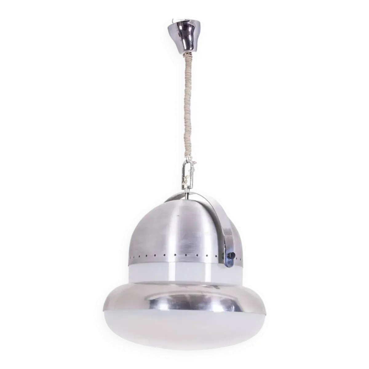 Suspension de Style industriel en métal brossé et opaline. Années 1970.