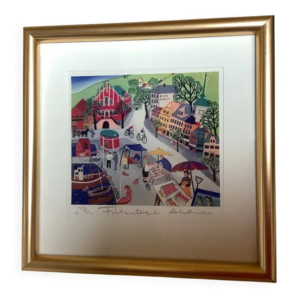 Illustration Lithographie Arvid Norendal marché à Bergen