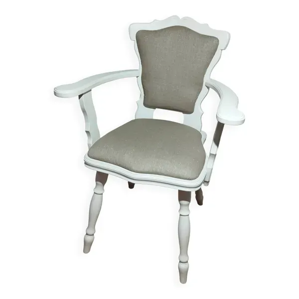Fauteuil romantique rénové – Chêne massif, blanc satiné & lin naturel