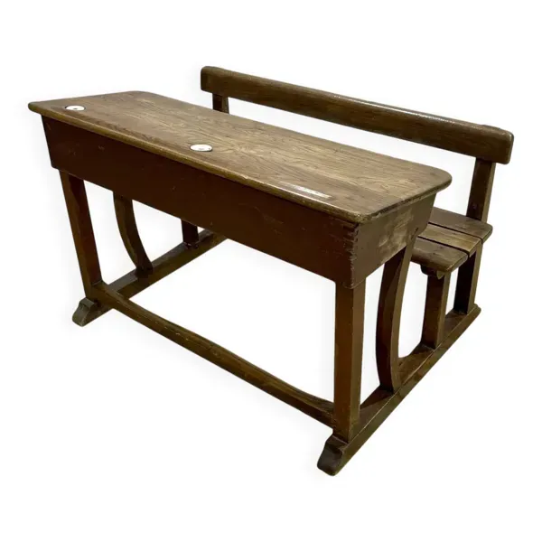 Bureau d'écolier en chêne début XXème avec ses encriers en porcelaine