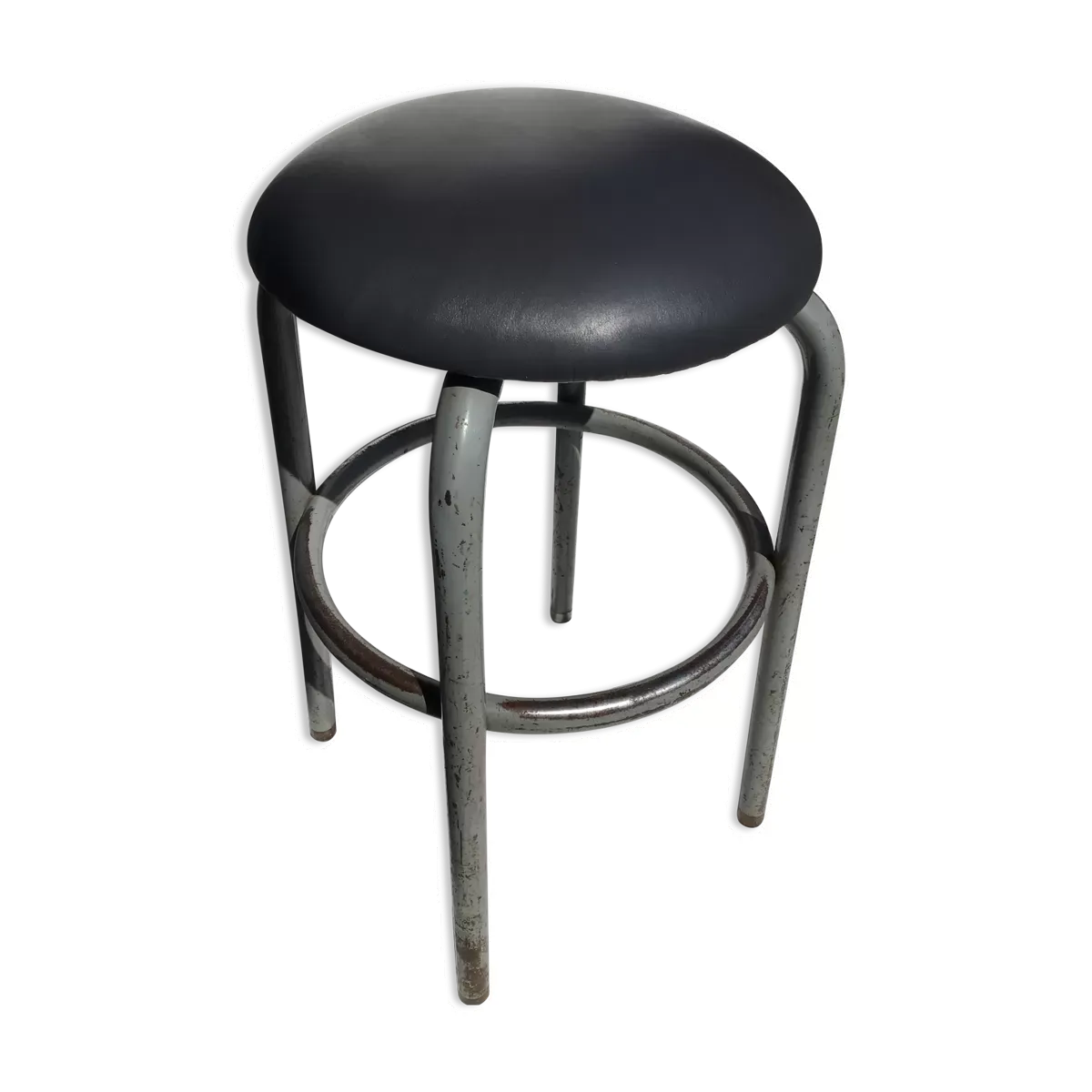 Tabouret industriel assise cuir gris foncé