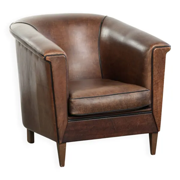 Fauteuil club en cuir de mouton de style Art Déco avec un passepoil noir