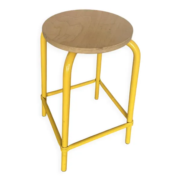 Tabouret Industriel Ancien DPC Tube Métal Jaune + Assise Bois Vintage